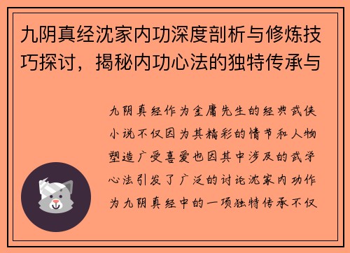九阴真经沈家内功深度剖析与修炼技巧探讨，揭秘内功心法的独特传承与发展